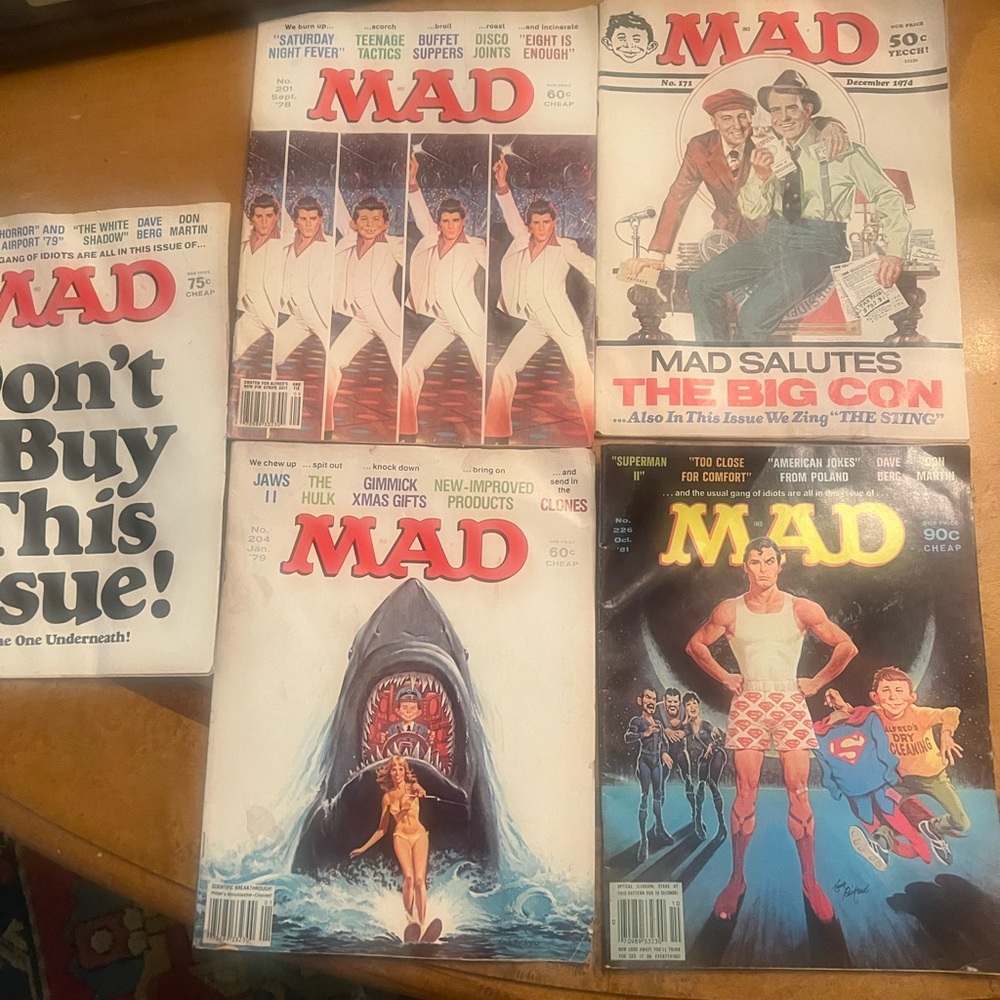 Lot of 5 Vintage Mad Magazines 1974-1981, Alfred E. Newman Comics